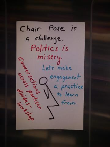 Flyer for festival workshop: "Chair Pose is a challenge: Politics is misery"